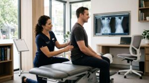 A chiropractor performs a seated spinal and posture assessment on a patient in a modern chiropractic clinic while reviewing spinal alignment. Digital spine X-rays are displayed on a monitor in the background, alongside a treatment table and contemporary clinical furnishings.