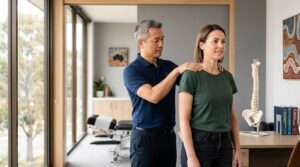 A chiropractor performs a standing posture and shoulder assessment by gently evaluating a patient's upper back and neck alignment in a modern chiropractic clinic. A spine model, treatment table, and contemporary clinical furnishings are visible in the background.