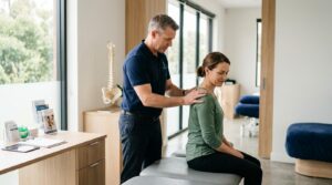 A chiropractor performs a seated neck and shoulder assessment on a patient in a bright, modern chiropractic clinic, gently evaluating posture and upper spinal alignment. A spine model, treatment tables, and contemporary clinical furnishings are visible in the clean, professional environment.