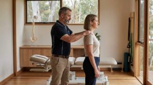 Chiropractor performing a posture and spinal alignment assessment by evaluating a standing patient's neck and upper back in a modern chiropractic clinic to improve posture, mobility, and overall spinal health.