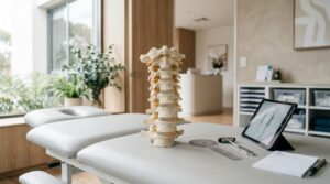 Anatomically accurate cervical spine model in a modern chiropractic clinic illustrating normal neck joint movement and post-adjustment recovery.