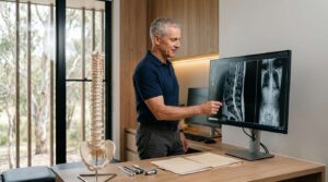 Chiropractor reviewing spinal MRI and X-ray images in a modern consultation room while assessing persistent night back pain for potential spinal red flags.
